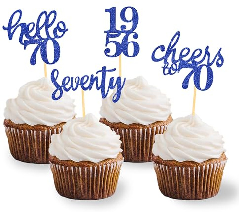 24 Pcs Glitter 70th Birthday Decoration Cupcake Toppers (Bleu-1956) | Seventy Years Old Birthday Decorations, 70th Anniversary Party Supplies, 1956 Cupcake Picks