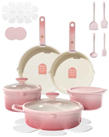 CAROTE 20pcs Titanium Cookware Set, Pots and Pans Set Detachable Handle | Non-Stick, Non-Toxic, PFAS and PFOA Free, Induction Compatible, Dishwasher & Oven Safe, Space Saving, Camping Cooking, Pink