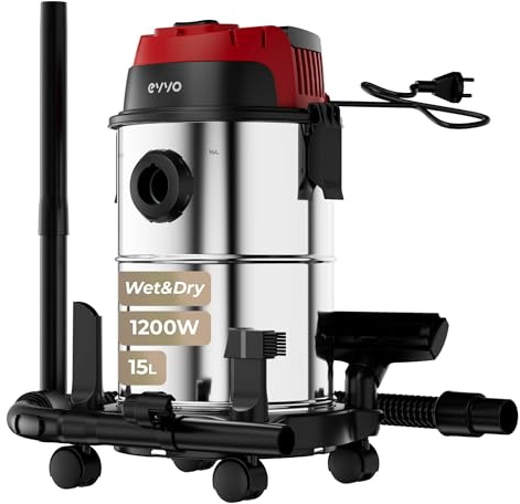 EVVO Aspirador de Sólidos y Líquidos – Aspiradora Wet & Dry, Depósito INOX, Filtro HEPA F7, Función Soplado con Válvula, Aspiradora Potente para Hogar, Taller y Coche (1200, Vatios)