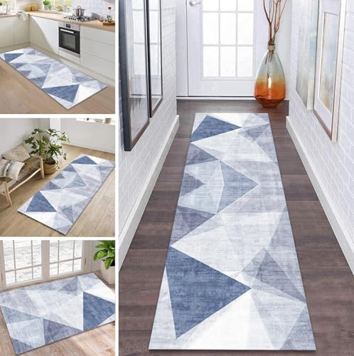 Teppich Läufer Flur rutschfest 80X300CM Blau Küchenteppich Modern Lang Teppichläufer Modern Design Meterware Kücheläufer Flurteppich für Flur Wohnraum Schlafzimmer Wohnzimmer Schmutzfangläufer