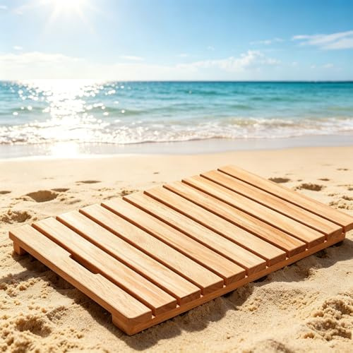 VOLDAX Tappetino da Bagno in Legno di Teak Pedana Doccia Impermeabile Design a Doghe, Design Rialzato per Doccia Esterna(60x60cm/23.6x23.6in)