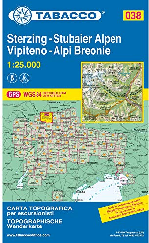 Sterzing, Stubaier Alpen: Wanderkarte Tabacco 038. 1:25000: Mit Kilometerraster U.T.M.. GPS (Carte topografiche per escursionisti, Band 38)