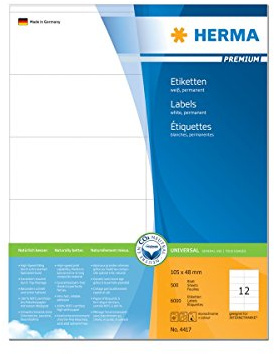 HERMA Self Adhesive Multipurpose Labels, 12 Labels per A4 Sheet, 500 Sheets, 105 x 48 mm, 6000 Labels, Blank Universal Labels Stickers, Sticky Labels for Laser & Inkjet Printer, White