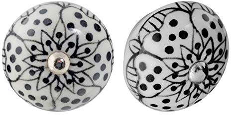Nicola Spring Ceramic Cupboard Drawer Handle Knobs - Floral Design - White/Black - Pack of 12