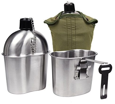 Goetland Gourde Militaire Americaine Inox 1l avec 0,5l Quart Tasse Pochette Nylon Armée Américaine Camping Quart Accessoires
