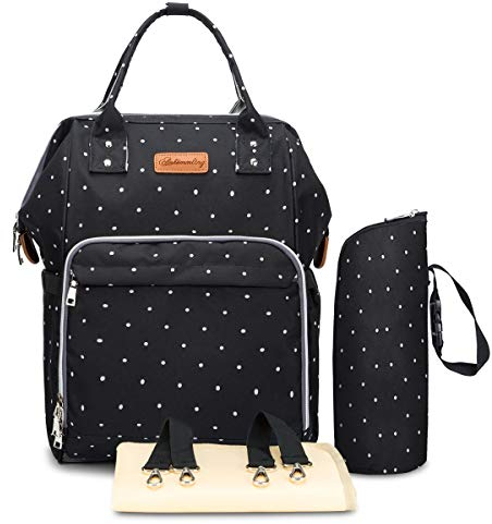 SONARIN Multifunktions Baby Wickelrucksack Wickeltasche mit Wickelunterlage,Wasserdicht,Große Kapazität,Reise-Rucksack-Organizer,Stilvoll und Langlebig,Ideal Geschenk(Schwarz & Punkt)