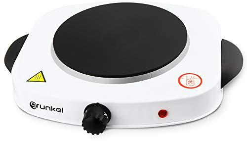 Grunkel - EHP-118 - Hornillo Eléctrico de 18,5cm de Placa. Cocina Eléctrica portátil ideal para Caravanas, Camping o Cocinas Pequeñas - 1500W - Metal forjado – Blanco