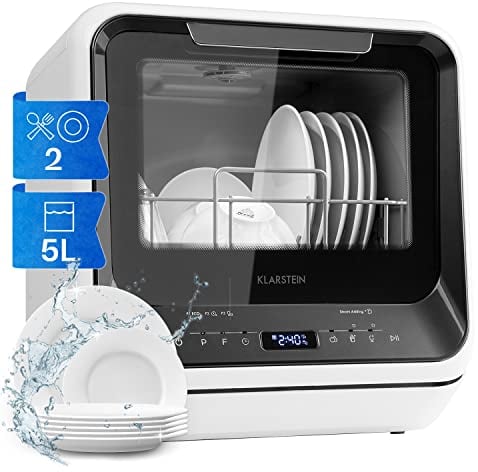 Klarstein Amazonia Mini Geschirrspüler, Spülmaschine mit Platz für 2 Maßgedecke, 6 Programme, 5 L Wasser benötigt, LED-Display, Touch, Tischgeschirrspüler inkl. Zubehör, schwarz