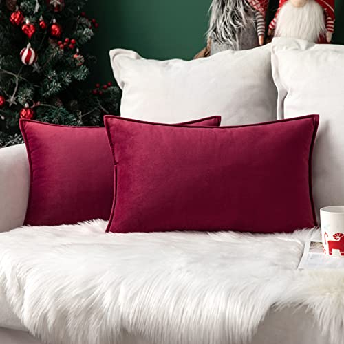 MIULEE 2er Set Samt Kissenbezug Flansch Kissenhülle Dekorative Sofakissen Dekokissen Umwickelte Kante Kissenbezüge Zierkissenbezug für Sofa Wohnzimmer Schlafzimmer 30x50 cm Wein Rot