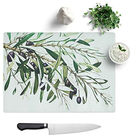Glass Chopping Board - The Olive Branch - Textured Worktop Saver Cutting Board - Heat Resistant, Shatterproof and Hygenic - 39 x 28.5 cm