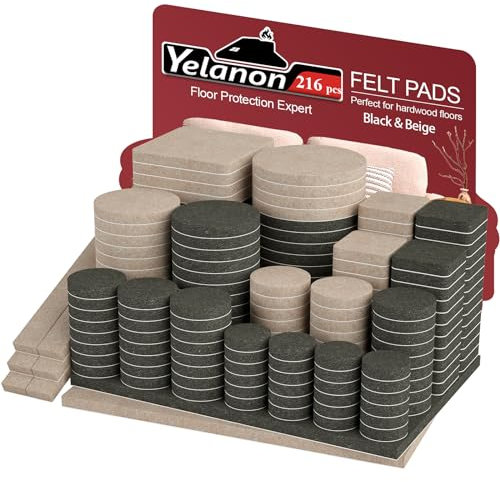 Yelanon Felt Furniture Pads-216 Pcs Hardwood Floor Protectors, Anti Scratch Felt Chair Pads, Beige & Black