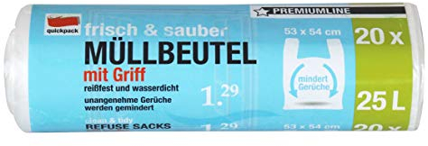 quickpack Müllbeutel 25l mit Griff 852502 Biomüllbeutel, HDPE Polyethylen, Weiß, 53x54, 20 Stück/Rolle