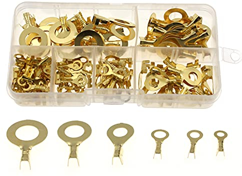 150 Stück Terminals aus Kupfer Nicht Isolierte, Drahtklemmen Kabelschuhe, Ringkabelschuhe Set, Kommt mit Einer Transparenten Plastikbox, Haushaltsgeräten und Computern Verwendet Wird(Golden)