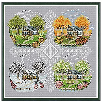 Amiiba Kreuzstich Set Vorgedruckt für Erwachsene Anfänger, 4 Jahreszeiten Cottage 11ctStickset Stickpackungen