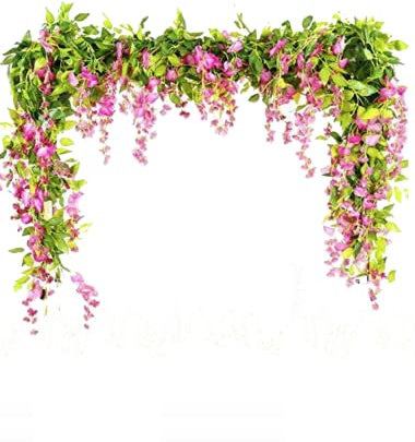 UNIQU 4 x 7FT Artificial Wisteria Vine Garland Plants Fake Flowers Hanging Garland Silk Flower for Wedding Decorations Home Garden Party Decor Simulation Flower (Fuchsia)