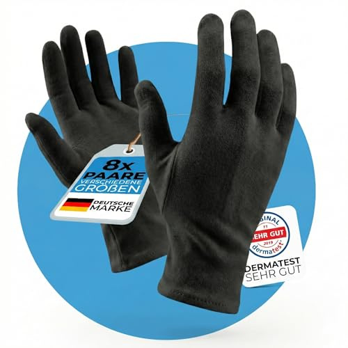 Schwarze Handschuhe aus 100% Baumwolle (Dermatest: Sehr Gut) Handschuhe als Handmaske Handschuh , waschbare Stoffhandschuhe mit zertifizierter Hautverträglichkeit (8 Paar, S)