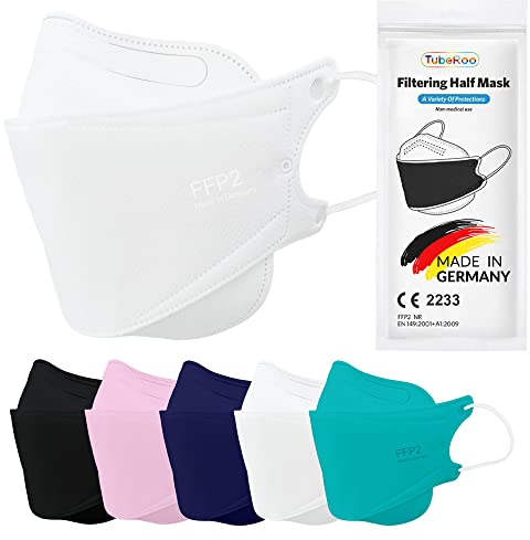 TubeRoo FFP2 Maske weiß Fischform, 50 Stück Masken aus Deutschland, Made in Germany, weiche Ohrschlaufen Bänder, Atemschutzmaske, Mundschutz