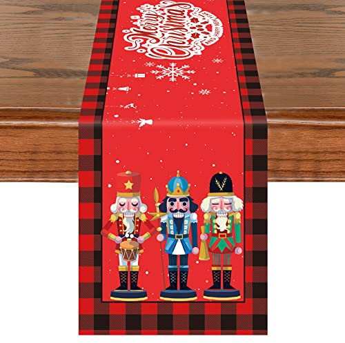 Christmas Table Runners Nutcracker, Red Black Gold Buffalo Plaid Snowflake Christmas Happy New Year Table Runner 72 Inches Long, Soldier Xmas Table Runner Decorations for Farmhouse Winter Party
