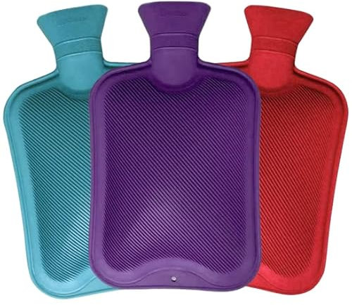 Pack of 3 Hot Water Bottles - x3 Natural Rubber 2 Litre Hot Water Bottles - Perfect Hot Water Bag for Pain Relief (Red, Blue & Purple)