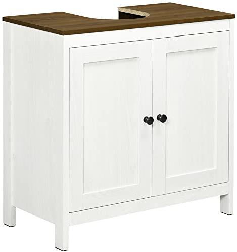 kleankin Meuble sous lavabo Salle de Bain Meuble sous évier - Placard 2 Portes avec étagère - 60 x 30 x 60 cm - Blanc et Aspect Bois