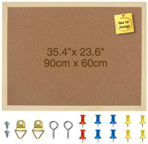 OWLKELA Pinnwand Kork 90x60, Pinnwand Kork, Pinwand Korktafel - Befestigungsmaterial und Druckstifte im Lieferumfang Enthalten, Holzrahmen