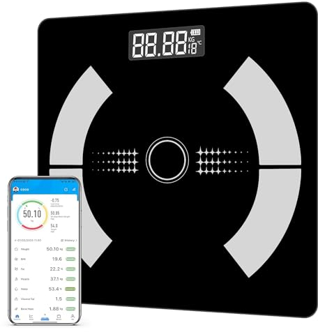 Körperfettwaage Waage Personen Personenwaage digital mit APP, Bluetooth Waage für Körperfett, BMI, Gewicht, Pulsschlag, Muskelmasse, Wasser, Protein, Skelettmuskel, Knochengewicht, BMR, Usw