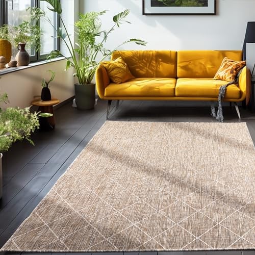 Outdoor Teppich Wetterfest im Skandinavischen Stil Rauten Design Läufer Teppich Balkon Terassen Wintergarten Teppich Küchenteppich in Farbe: Beige, Grösse: 240 x 340 cm