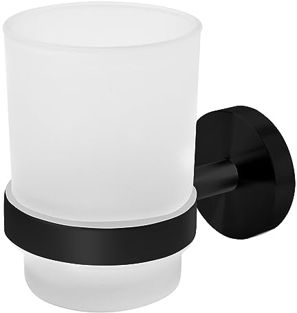Joeji's Wall Mounted Toothbrush Holders 2 Way Installation - Hygienic Toothbrush Storage Holder Bathroom Set of Frosted Large Toothbrush Holder Cup and Stainless Steel in Black…