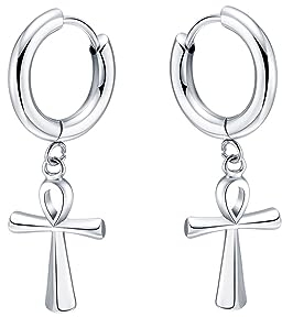 Edelstahl Klapp Ohrstecker Creolen Ohrringe Ankh Kreuz Anhänger Punk Ohrschmuck Damen Herren (Silber)
