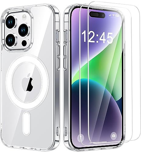Bestcellcase Magnetic for iPhone 15 Pro Case, [2 * 9H Glass Screen Protector] [Anti-Yellowing] [Suppport Magsafe Accessories] Shockproof Anti-Scratch Clear Phone Case Cover for iPhone 15 Pro - Clear