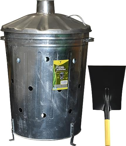 Large Galvanised Steel Incinerator Fire Bin with Wooden Handle Shovel
