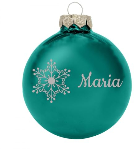 Deitert Weihnachtskugel mit Namen oder Wunschtext graviert, Ø 8cm, personalisierte Christbaumkugel aus Glas (glänzend), individueller Weihnachtsbaumschmuck mit Gravur, Schneeflocken-Motiv, Petrol