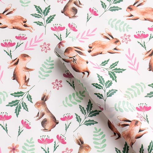 RUSPEPA Kraft-Geschenkpapier – Mini-Rolle – 43,2 cm x 5 m – Kaninchen- und Blumenmuster mit schwachem Duft für Ostern, Geburtstag, Party, Feiertag