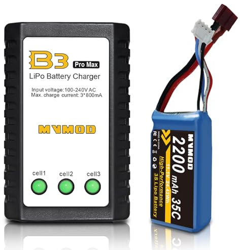 MVMOD 3S LiPo Battery with Charger Kit, 2200 mAh 11.1 V 35C Lipo Battery with Deans T Plug for RC Aeroplane RC Quadcopter Helicopter Drone FPV, with 2S-3S Battery Balancer Charger