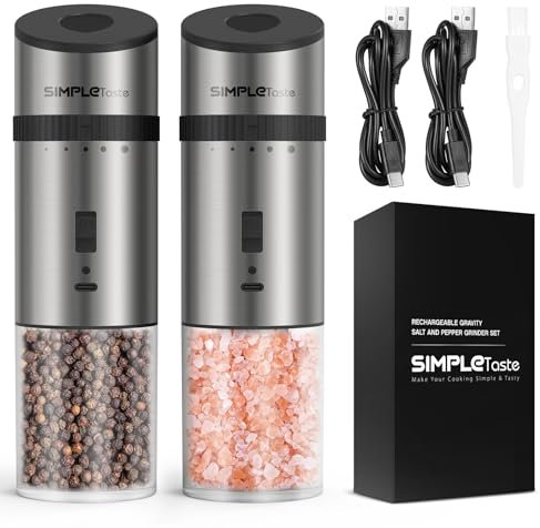 SIMPLETASTE Pfeffer und Salzmühle Automatisch mit Kippsensor Elektrisch, USB Wiederaufladbare Akku Gewürzstreuer Set mit Keramikmahlwerk und Licht aus Edelstahl