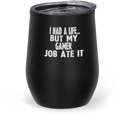 Thermobecher mit Aufschrift I Had A Life But My Gamer Job Ate It, mit Gravur