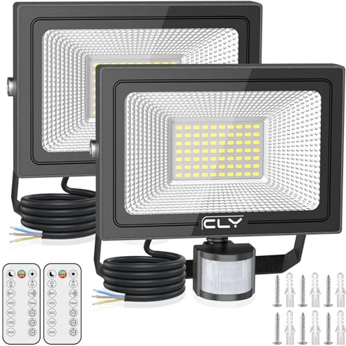CLV 60W Security Lights Outdoor Motion Sensor, 5200 Lumen IP66 Waterproof Outside Light with Remote Control 6500K Motion Sensor Flood Light, LED Outdoor Lights for Backyard, Garden, Doorway, Garage 2P