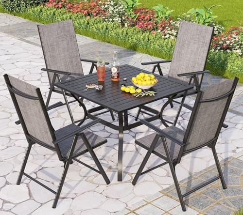 PHIVILLA 5 PCs Gartenmöbel Set Wetterfest Gartentisch mit Stühlen Outdoor Terrassenmöbel Set mit 7 Verstellbaren Garten Klappstühle Quadratischen Metall Stahl Esstisch mit 4cm Schirmloch Grau