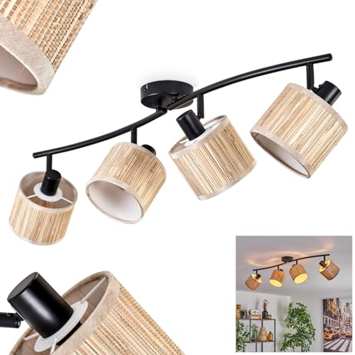 Deckenleuchte Bongal, moderne Deckenlampe aus Metall/Holz/Stoff in Schwarz/Natur/Beige, 4-flammig, mit verstellbaren Strahlern, Leuchte im skandinavischen Design, 4 x E14, ohne Leuchtmittel