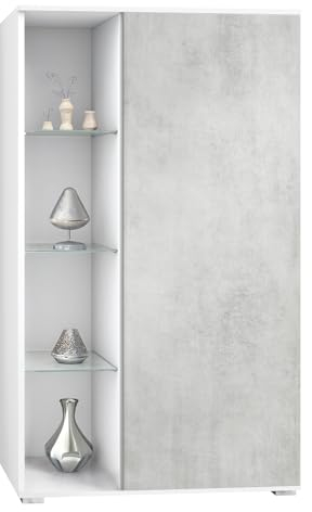 Vladon Vitrine Davos, vitrine sur Pied avec 3 étagères en Verre et 8 Compartiments, Blanc Mat/Aspect béton oxyde (71,5 x 134 x 35 cm)