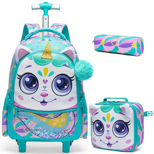 HTgroce Sac à Dos Filles Licorne Cartable Primaire Sac Trolley avec Sac Repas Trousse à Crayons Sac à Dos à Roulettes Cartable Roulette Fille CP