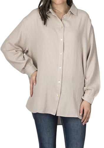 DENIMFY Musseline Bluse Damen Oversized DFMathilda Hemdbluse Sommer Langarm Knopfleiste Einfarbig 100% Baumwolle Beige S-M, Größe:S/M, Farben:Light Sand
