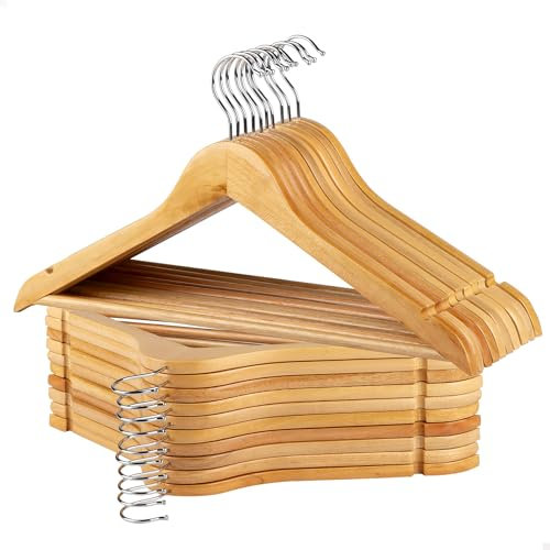 AKTIVE MAX Home Pack 20 Perchas de Madera, Color Natural, Calidad A, 44,5x23 cm, Gancho Acero Giratorio 360º, Incorpora Muescas y Barra Inferior, para Pantalones, Trajes, Camisas, Chaquetas (16459)