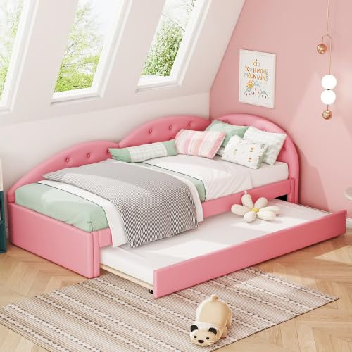 Canapé-lit Rembourré Moderne, Lit pour Enfant élégant avec Lit Gigogne Gigogne, Parfait pour Les Chambres d'enfants Et D'adolescents (Matelas Non Inclus)(Color:Rose)