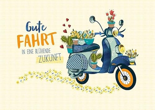 Postkarte Spruch gute Fahrt blühende Zukunft Roller Blumen Folienprägung