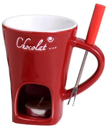 Yuemeuy Taza de fondue de chocolate con tenedor y vela de té, taza de cerámica para derretir queso, juego de fondue de vela de té, taza más cálida para dulces y caramelo