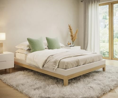 skølm Freyr Bett 140x200 cm, Holzbett weiß/Natur Skandi Style, Doppelbett aus Birke, Bettgestell mit Lattenrost und ohne Kopfteil, Maße: H 32 x B 146 x T 206 cm