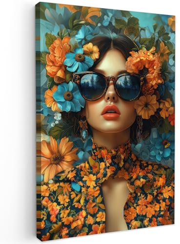 MuchoWow© Leinwandbild Groß 80x120 cm XXL Dekoration Wohnzimmer Bilder Pictures Wall Decoration Living Room Wohnungs Deko Moderne Bild Frau - Blumen - Orange - Blau - Modern