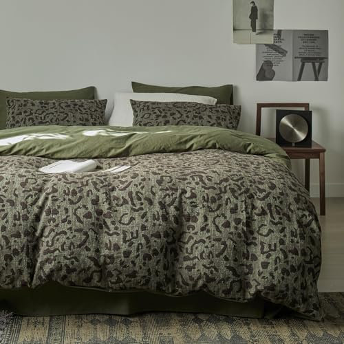 mixinni Leoparden-Bettbezug, Queen-Size-Größe, hochwertiger, garngefärbter Jacquard-Baumwoll-Bettbezug mit grünem Leopardenmuster, Bauernhaus-Bettwäsche-Set mit 2 Kissenbezügen, perfekt für Sie und