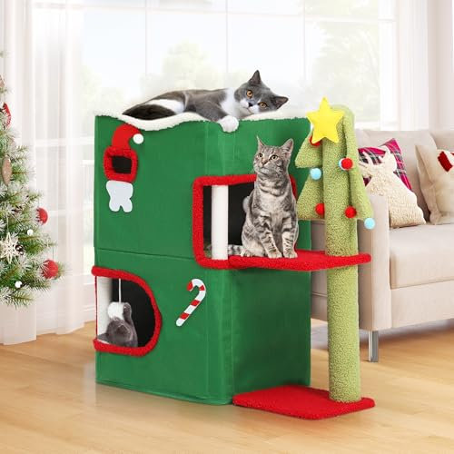YITAHOME Weihnachts-Katzenhaus mit 2 Etagen für Hauskatzen, Bett, überdachte Katzenbetten und -möbel mit Autobahnhöhle, Kratz- und Juckreizpfosten, 68 x 35 x 64 cm (grün)